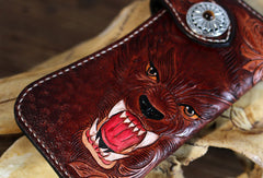 Handmade biker trucker Tooled wallet leather chain men wolf carved leather long wallet for men him - EverHandmade