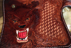 Handmade biker trucker Tooled wallet leather chain men wolf carved leather long wallet for men him - EverHandmade