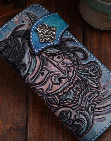 Handmade leather biker trucker Blue prajna wallet leather chain men Black Carved Tooled wallet - EverHandmade