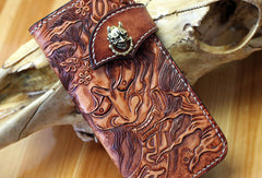 Handmade biker wallet leather Prajna Inuyasha carved biker wallet chian Long wallet clutch for men - EverHandmade