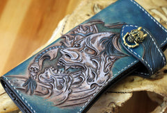 Handmade biker wallet blue leather prajna carved men biker wallet bifold Long wallet for men - EverHandmade