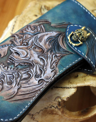 Handmade biker wallet blue leather prajna carved men biker wallet bifold Long wallet for men