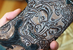 Handmade biker wallet blue leather prajna carved men biker wallet bifold Long wallet for men - EverHandmade