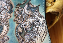 Handmade biker wallet blue leather prajna carved men biker wallet bifold Long wallet for men - EverHandmade