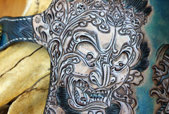 Handmade biker wallet blue leather prajna carved men biker wallet bifold Long wallet for men - EverHandmade
