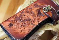 Handmade biker wallet brown leather prajna carved men biker wallet bifold Long wallet for men - EverHandmade