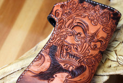 Handmade biker wallet brown leather prajna carved men biker wallet bifold Long wallet for men - EverHandmade
