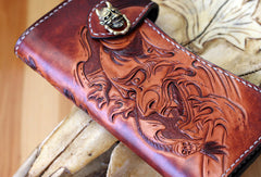 Handmade biker wallet brown leather prajna carved men biker wallet bifold Long wallet for men - EverHandmade