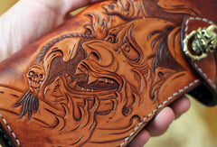Handmade biker wallet brown leather prajna carved men biker wallet bifold Long wallet for men - EverHandmade