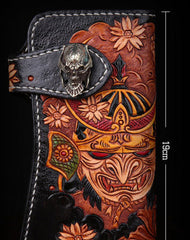 Handmade leather Long biker trucker japanese general wallet leather men chain Black Carved Tooled wallet