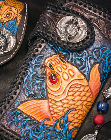 Handmade Leather Long Black Biker Wallet Leather Chain Wallet Men Red Carp Tooled Wallets - EverHandmade