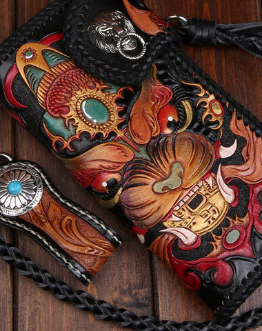 Handmade leather Long Black biker trucker wallet leather chain men monster Carved Tooled wallet