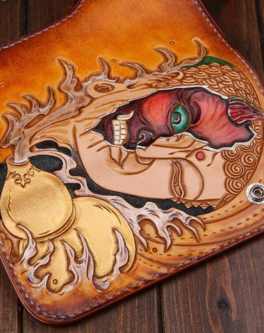 Handmade leather biker trucker wallet leather chain devil or Buddha Carved Tooled wallet