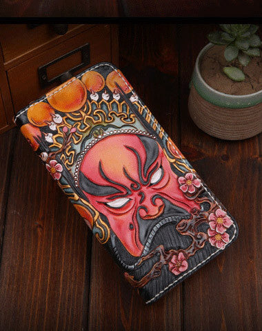 Handmade leather Beijing opera makeup general wallet leather zip men Long Clutch Tooled wallet