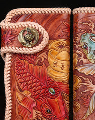 Handmade leather biker trucker wallet leather chain men carp Brown Carved Tooled wallet - EverHandmade
