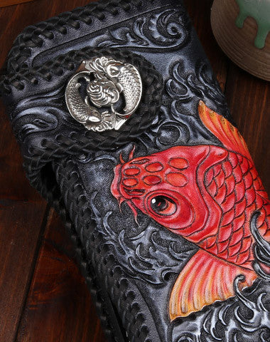 Handmade leather Long Black biker trucker wallet leather chain men red carp Carved Tooled wallet