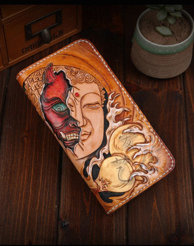 Handmade leather Buddha devil  wallet leather zip men clutch Carved Tooled wallet