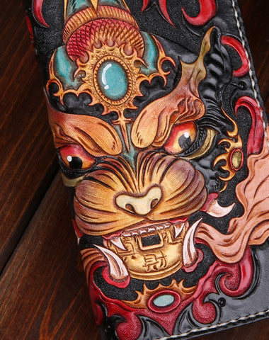 Handmade leather Chinese Monster Black wallet leather zip men clutch Carved Tooled wallet - EverHandmade