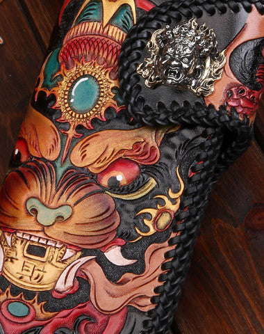 Handmade leather Long Chinese Monster biker trucker chain wallet leather men Carved Tooled wallet - EverHandmade