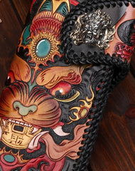 Handmade leather Long Chinese Monster biker trucker chain wallet leather men Carved Tooled wallet - EverHandmade