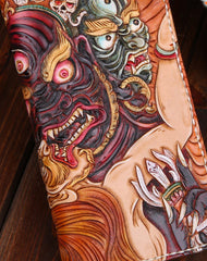 Handmade leather Chinese devil  wallet leather zip men clutch Carved Tooled wallet