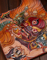 Handmade Long leather biker wallet trucker leather chain God Mahakala Carved Tooled wallet - EverHandmade