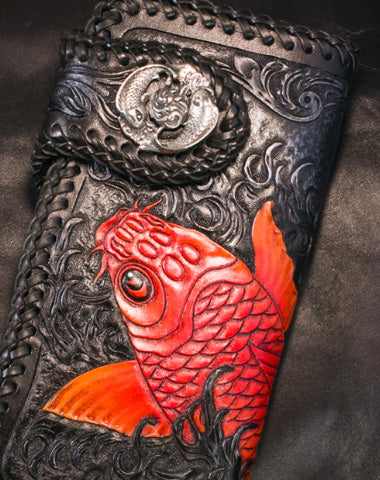 Handmade Leather Long Black Biker Wallet Trucker Wallet Leather Chain Men Red Carp Tooled Wallet - EverHandmade