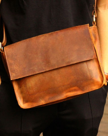 Genuine Leather Mens Cool Messenger Bag iPad Bag Chest Bag Bike Bag Cycling Bag For Men - EverHandmade