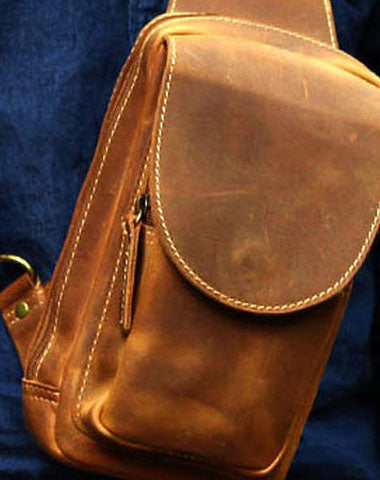 Genuine Leather Mens Cool Messenger Bag iPad Bag Chest Bag Bike Bag Cycling Bag For Men - EverHandmade