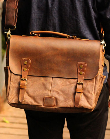 Genuine Leather Mens Cool Canvas Messenger Bag iPad Bag Chest Bag Bike Bag Cycling Bag For Men - EverHandmade