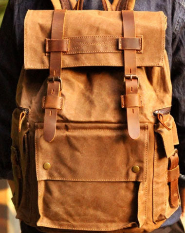 Mens Cool Waxed Canvas Backpack Black Travel Backpack Canvas Hiking Backpack for men