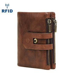 RFID Brown Leather Men's Double Zipper Small Wallet Black billfold Wallet For Men