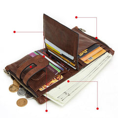 RFID Brown Leather Men's Double Zipper Small Wallet Black billfold Wallet For Men