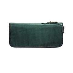 Around Zip Green Leather Biker Wallet Mens Minimalist Zipper Clutch Wallet for Men