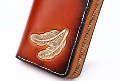 Around Zip Blue Tooled Leather Card Wallet Mens Feather Zipper Card Holder for Men