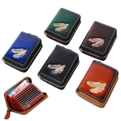 Around Zip Coffee Tooled Leather Card Wallet Mens Feather Zipper Card Holder for Men