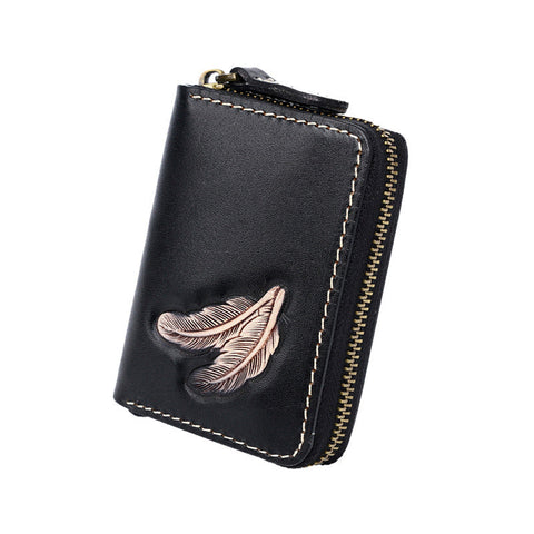Around Zip Brown Tooled Leather Card Wallet Mens Feather Zipper Card Holder for Men