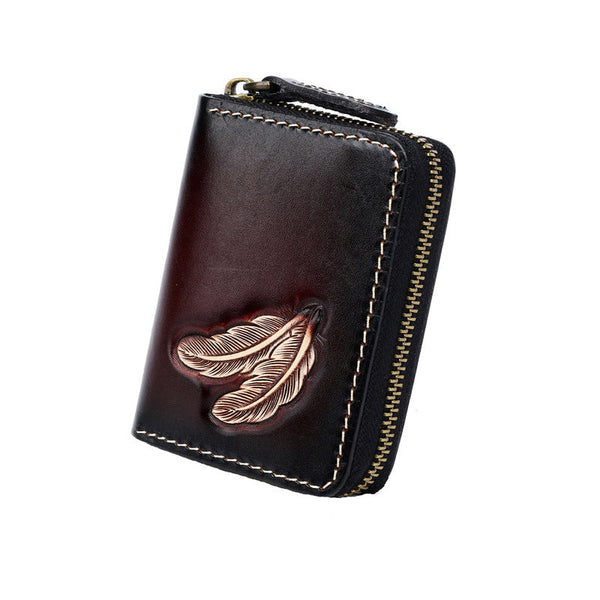Around Zip Coffee Tooled Leather Card Wallet - Back View