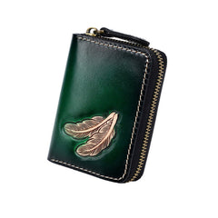 Around Zip Green Tooled Leather Card Wallet Mens Feather Zipper Card Holder for Men