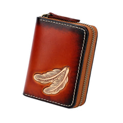 Around Zip Blue Tooled Leather Card Wallet Mens Feather Zipper Card Holder for Men