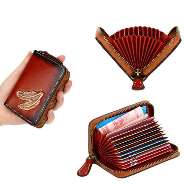 Around Zip Brown Tooled Leather Card Wallet - Back View