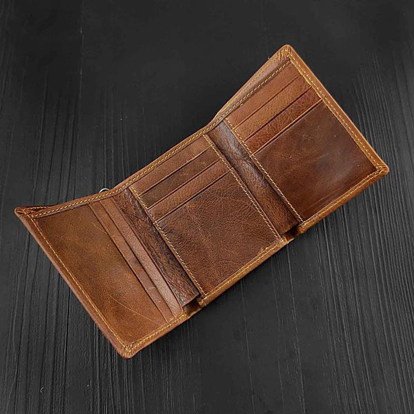 Cool LEATHER MENS TRIFOLD SMALL BIKER WALLETS BROWN CHAIN WALLET WALLET WITH CHA WG00452054
