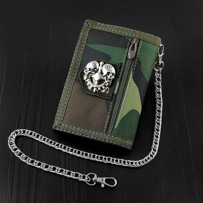 BADASS CAMOUFLAGE Canvas MENS TRIFOLD SMALL BIKER WALLETS CHAIN WALLET WALLET WITH CHAINS FOR MEN