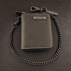 BADASS DARK BROWN LEATHER MENS TRIFOLD SMALL BIKER WALLET CHAIN WALLET Zipper WALLET WITH CHAIN FOR MEN