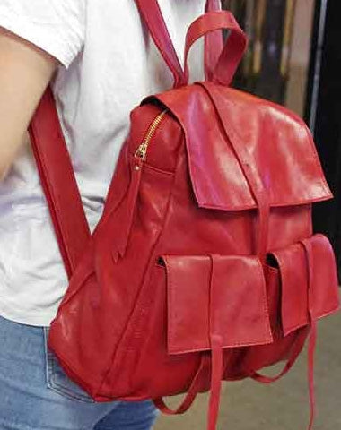 Genuine Leather Cute Backpack Bag Shoulder Bag Red Black Women Leather Purse