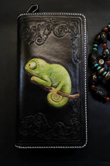 Badass Black Leather Men's Chameleon Biker Wallet Handmade Tooled Zipper Long Wallets For Men