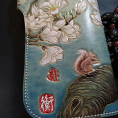 Blue Leather Womens Cherry Blossom Tree Biker Wallet Handmade Tooled Long Wallets For Men
