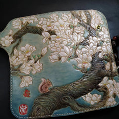 Blue Leather Womens Cherry Blossom Tree Biker Wallet Handmade Tooled Long Wallets For Men