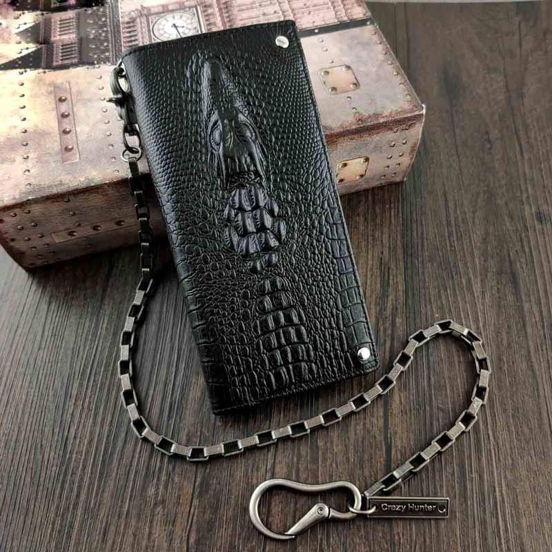 Black Leather Men's Crocodile Pattern Long Biker Chain Wallet 