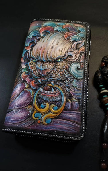 Badass Black Leather Men's Chinese Lion Biker Wallets Handmade Tooled Zipper Lon TW120010016